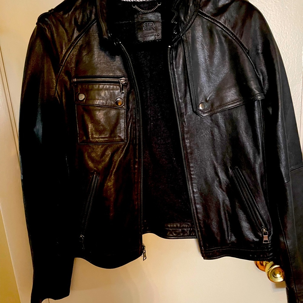 Distressed leather aviator/bomber jacket.